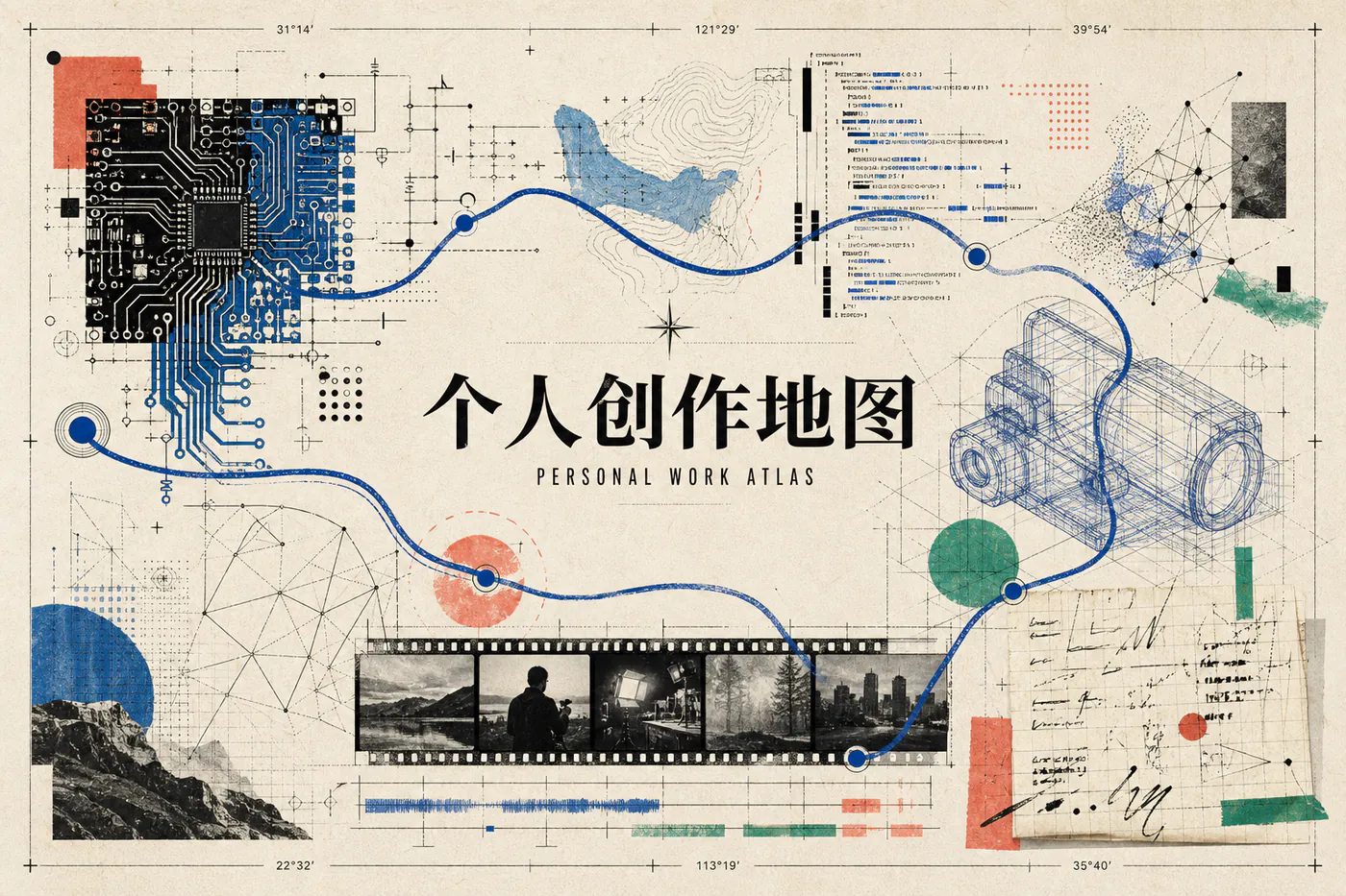 由电路板、3D 线框、影像胶片、代码节点与创作路径组成的个人作品集首页图